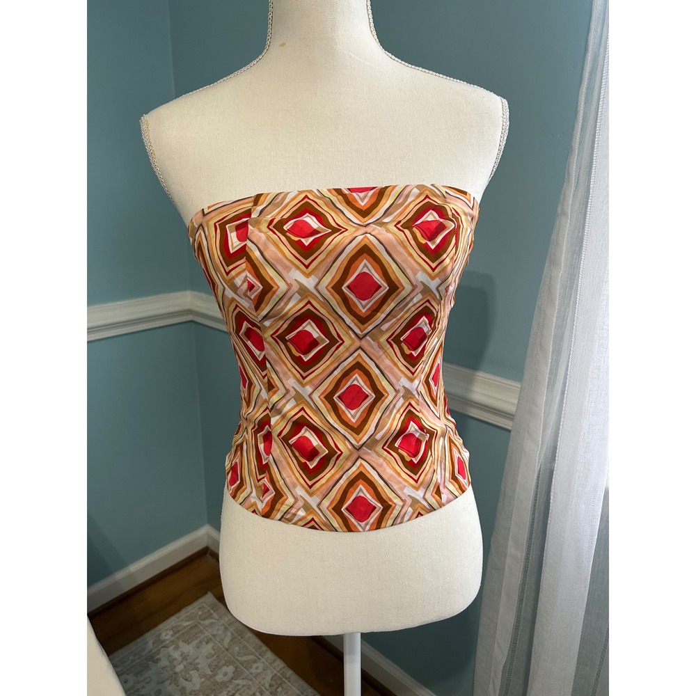 Ecru Women Geometric Diamond Print Strapless Smocked Back Tube Top Red Orange XS